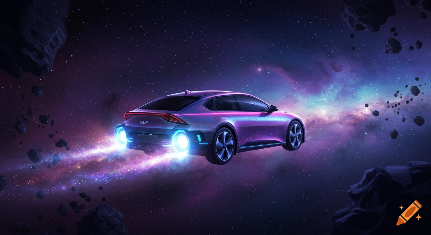 A sleek, purple and blue futuristic Kia car with glowing engines flies through a vibrant, star-filled galaxy with asteroids.