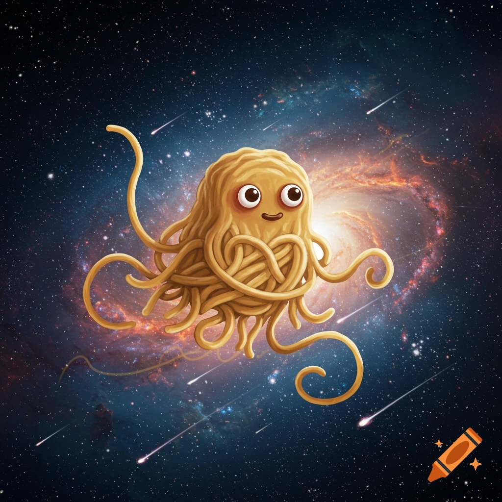 A cute cartoon Flying Spaghetti Monster with big eyes and noodles floating in deep space with a spiral galaxy and shooting stars.