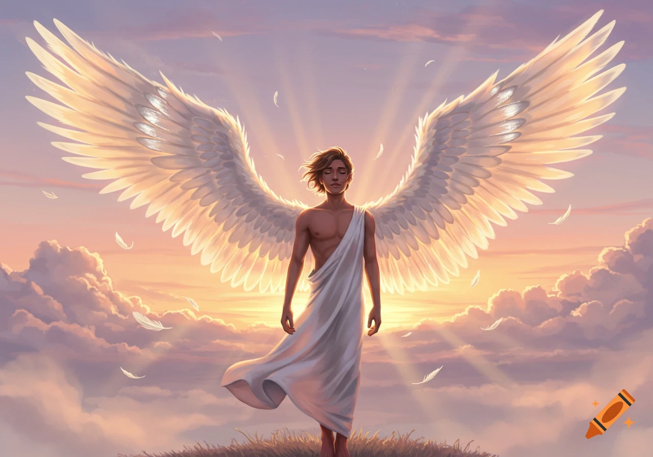 A male angel with large white wings stands calmly on a grassy hill, bathed in light from a vibrant sunset sky. Digital art.