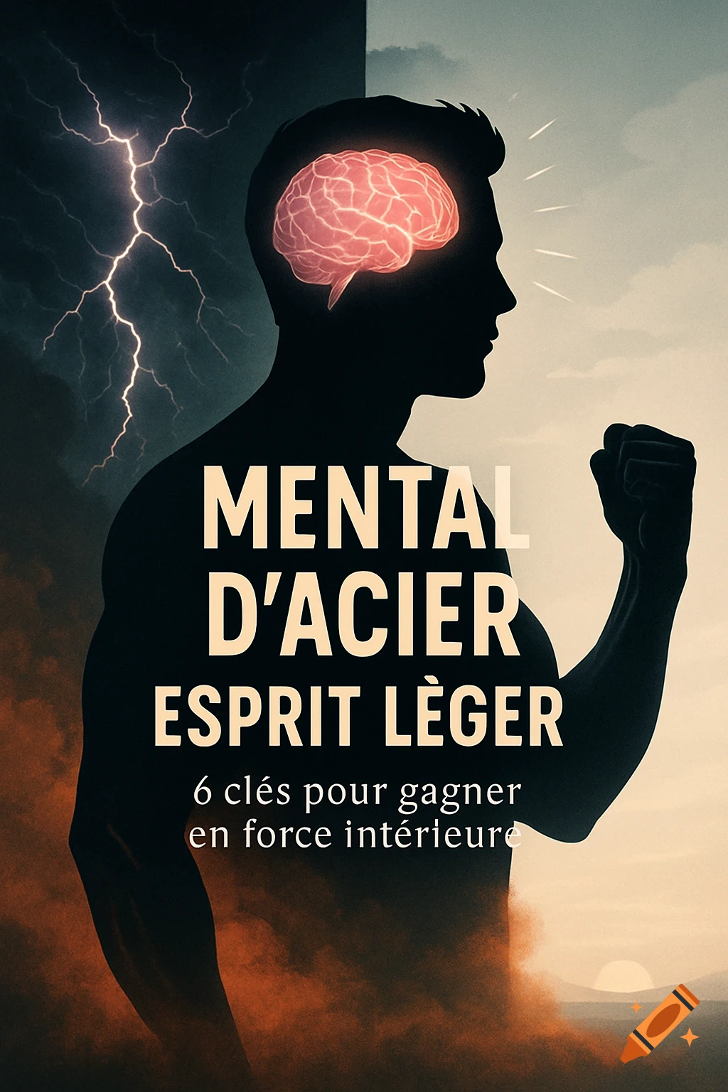 A silhouette of a man in profile, his head glowing with a pink brain, against a split background of a stormy sky with lightning and a serene, bright sky. Orange mist is at the bottom, and French text reads 'MENTAL D'ACIER ESPRIT LÈGER 6 clés pour gagner en force intérieure'.