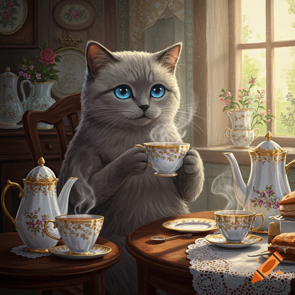 A fluffy gray cat with big blue eyes sits at a table, holding a teacup during a tea party in a cozy room.