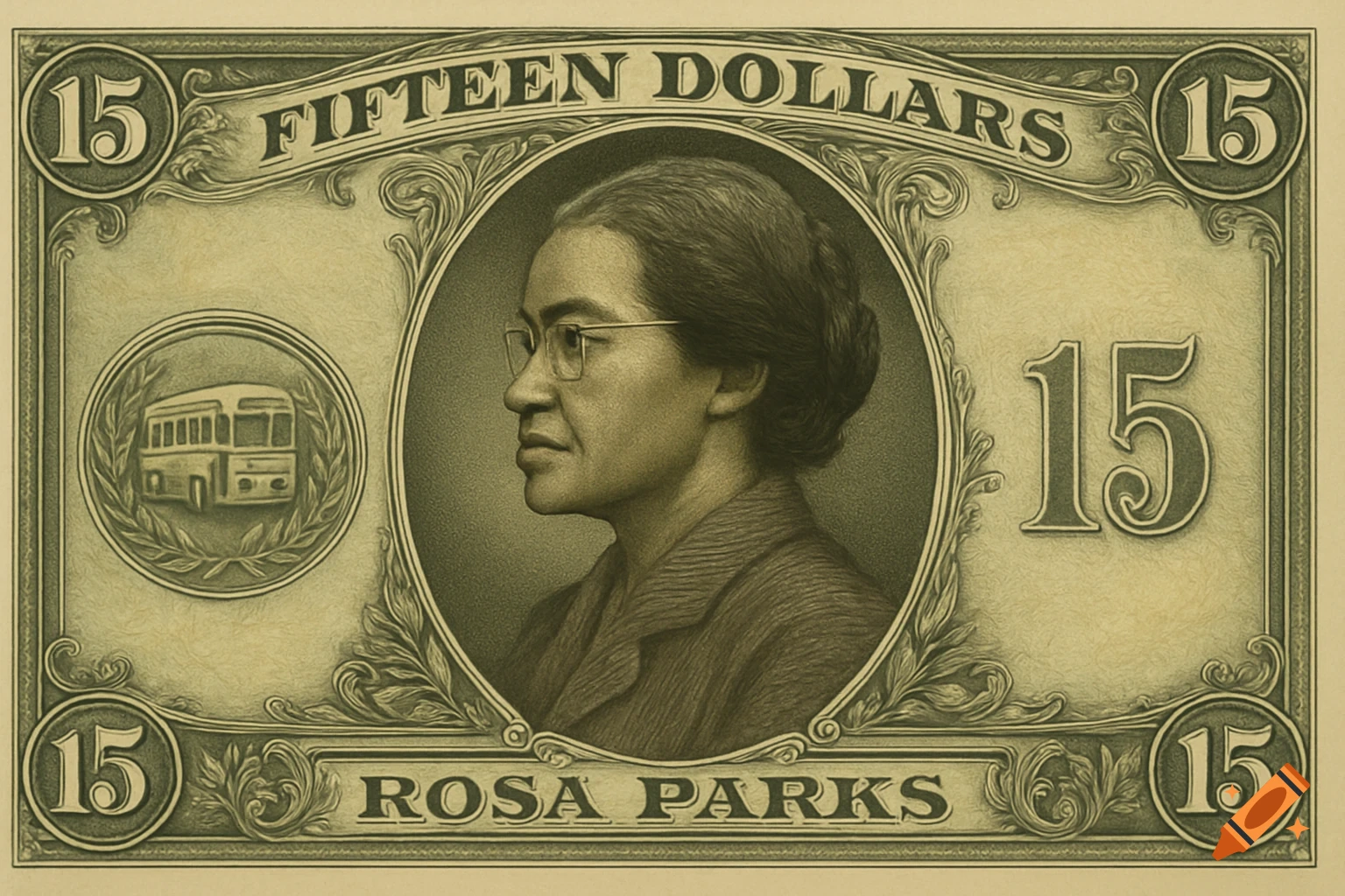 An engraved green 15-dollar bill featuring a profile portrait of Rosa Parks, a bus, and the text 'FIFTEEN DOLLARS' and 'ROSA PARKS'.