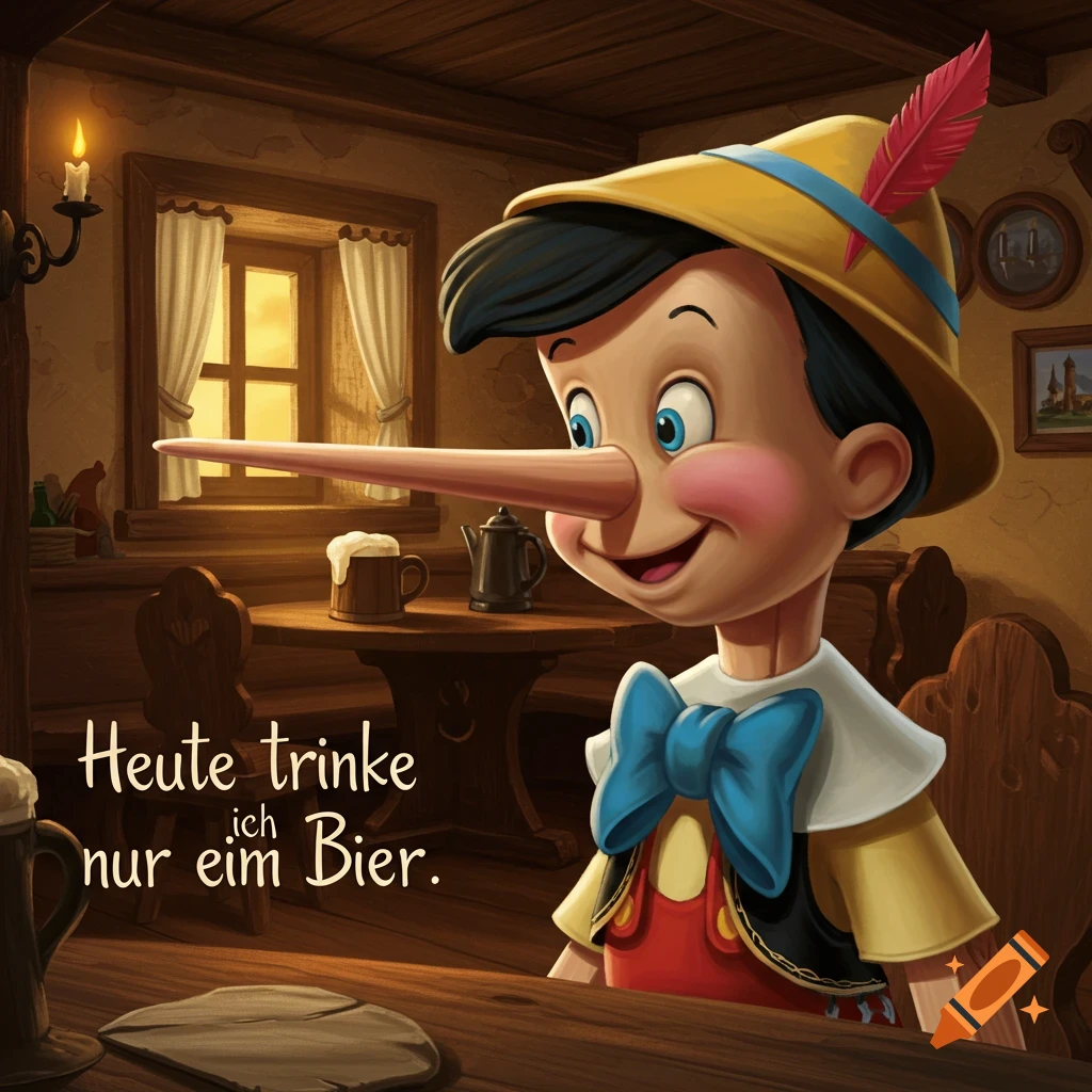 Pinocchio with a very long nose sits in a tavern, smiling next to a mug of beer, with text that reads 'Heute trinke ich nur ein Bier.'