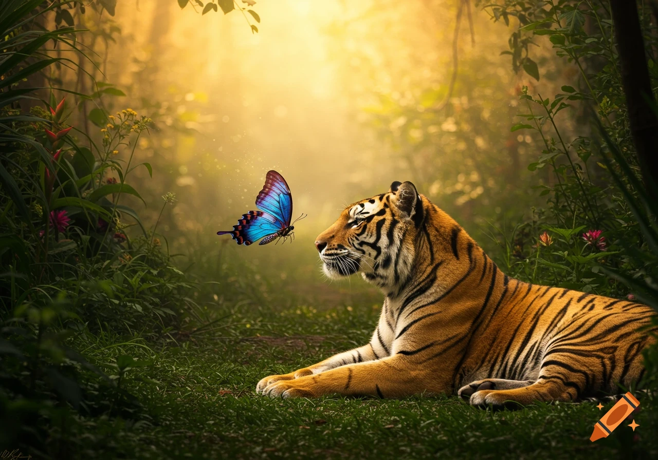 A majestic tiger lies in a sun-drenched jungle, observing a vibrant blue butterfly hovering nearby.