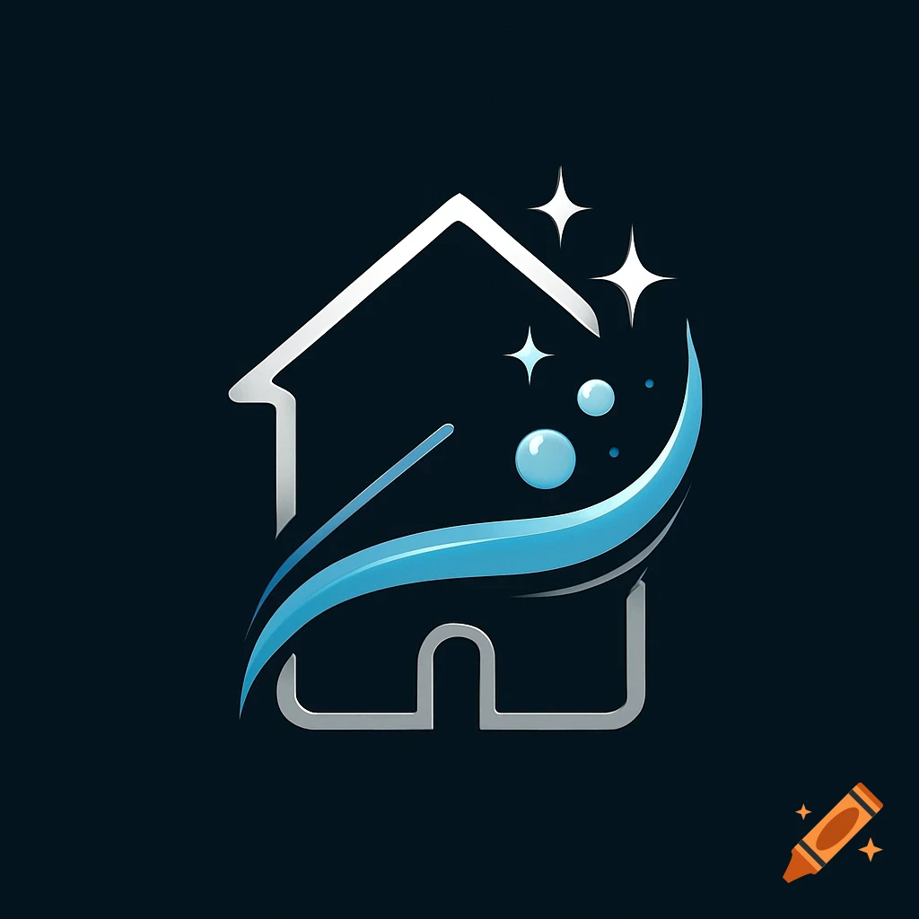 A modern logo featuring a white house outline, a blue wave, and bubbles, symbolizing cleaning services on a dark background.