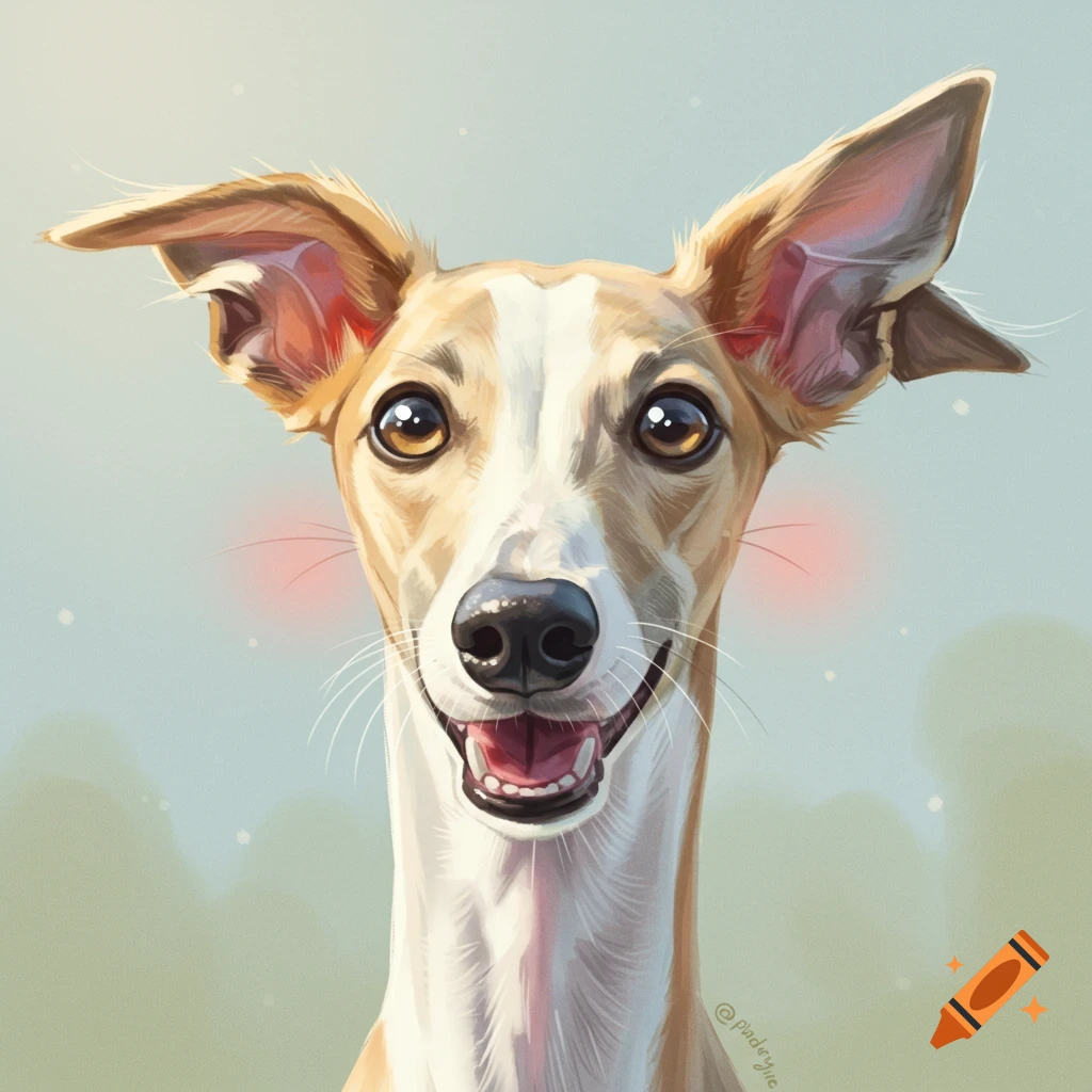 Close-up, semi-cartoon illustration of a smiling whippet dog with big brown eyes and perked ears, against a soft, light blue-green background.