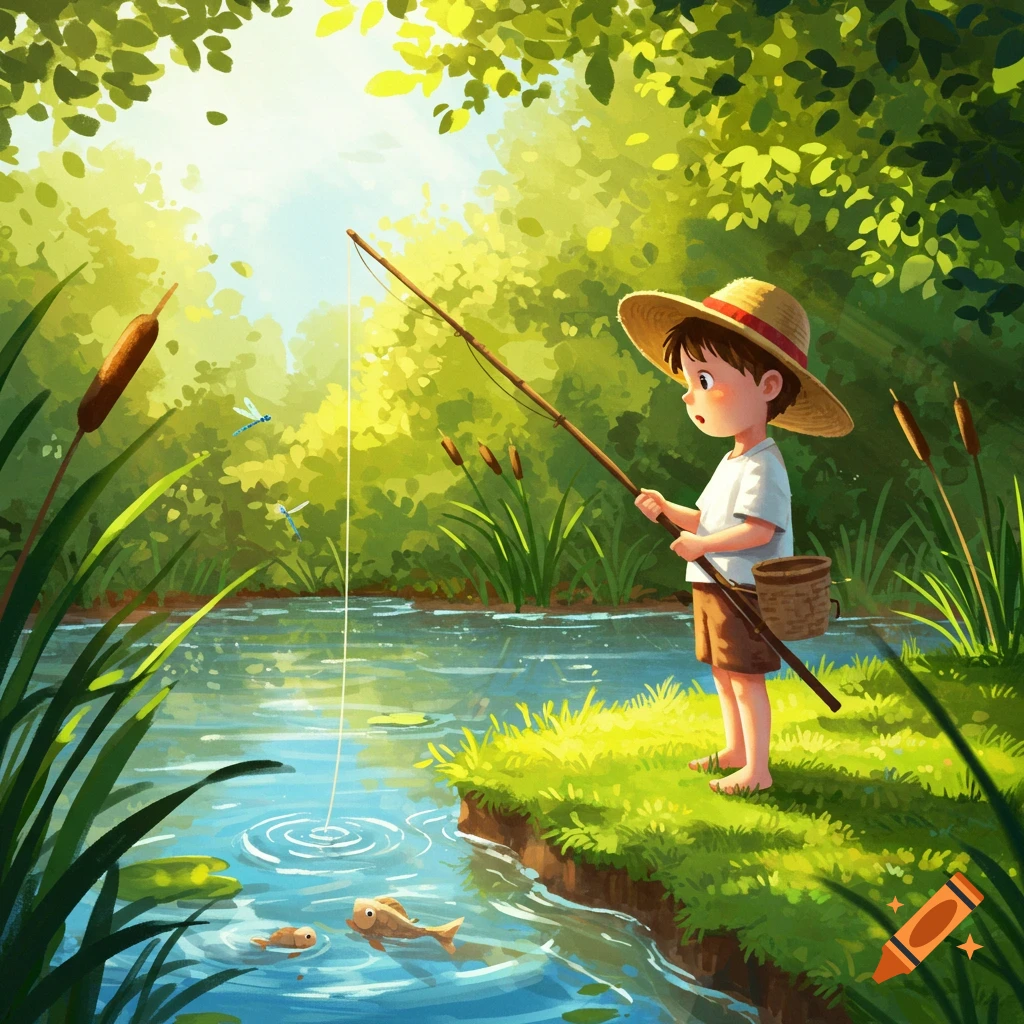 A young boy in a straw hat fishes in a sunlit stream, surrounded by lush green foliage, in an anime illustration style.