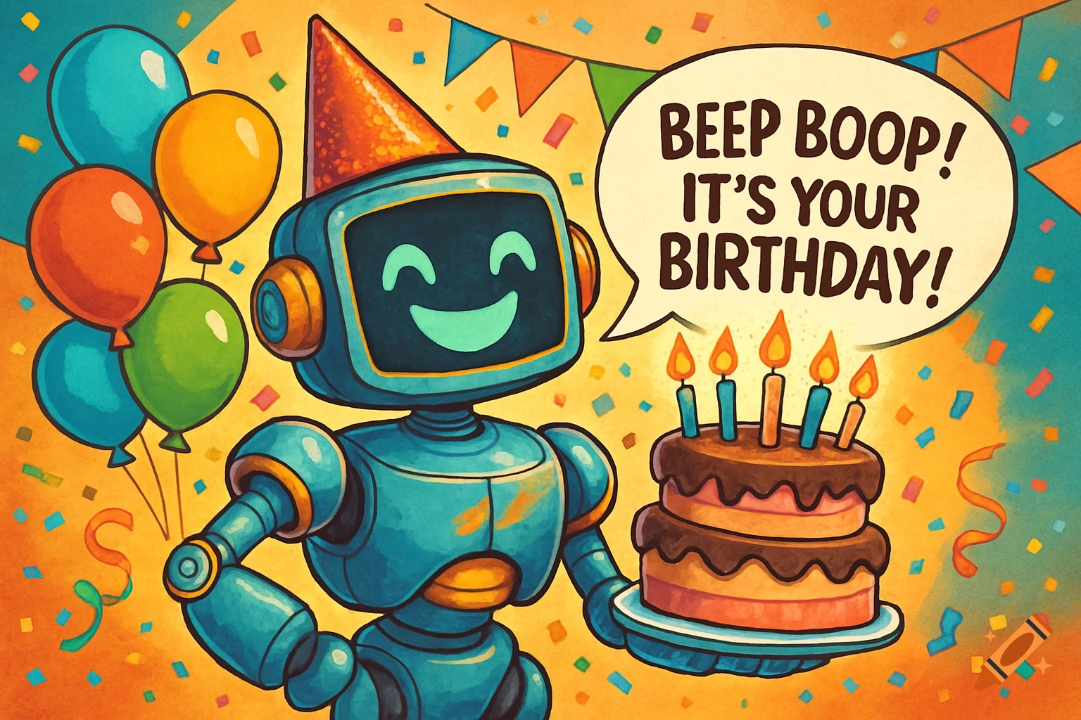 A cheerful, cartoon robot in a party hat holds a birthday cake, surrounded by balloons and confetti, with a speech bubble saying 'Beep Boop! It's Your Birthday!'