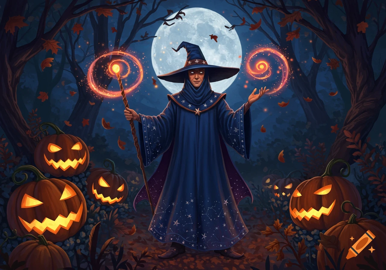 A wizard in a blue, star-spangled robe casts glowing orange spells among jack-o'-lanterns in a dark, autumnal forest under a full moon.