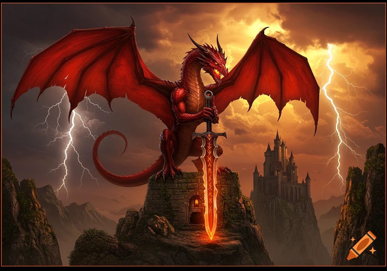 A powerful red dragon with wings spread, holding a glowing sword atop a peak. A castle under a stormy, lightning-filled sky in a fantasy setting.