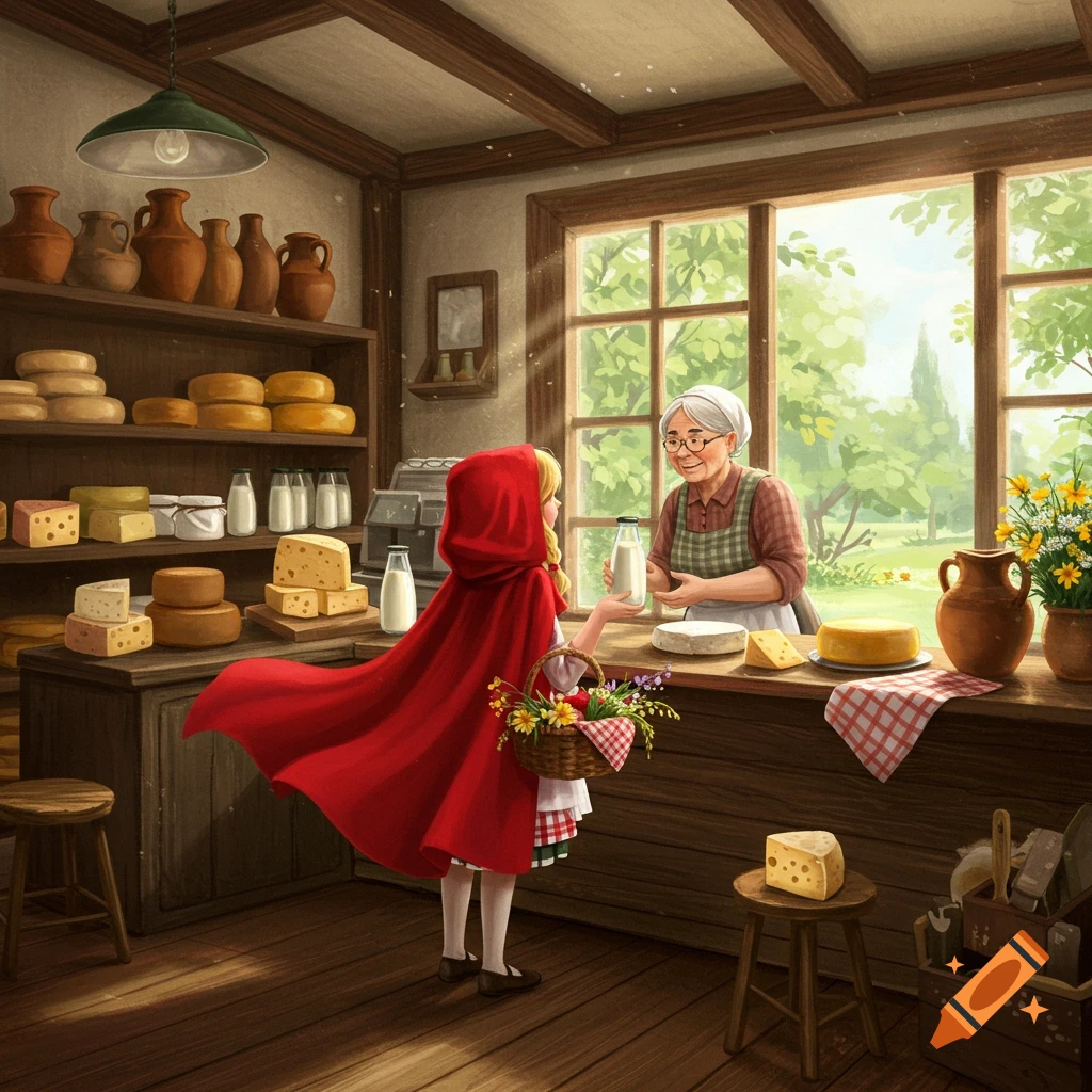 An illustration of Little Red Riding Hood buying milk from an old woman in a rustic, sunlit shop with cheese.