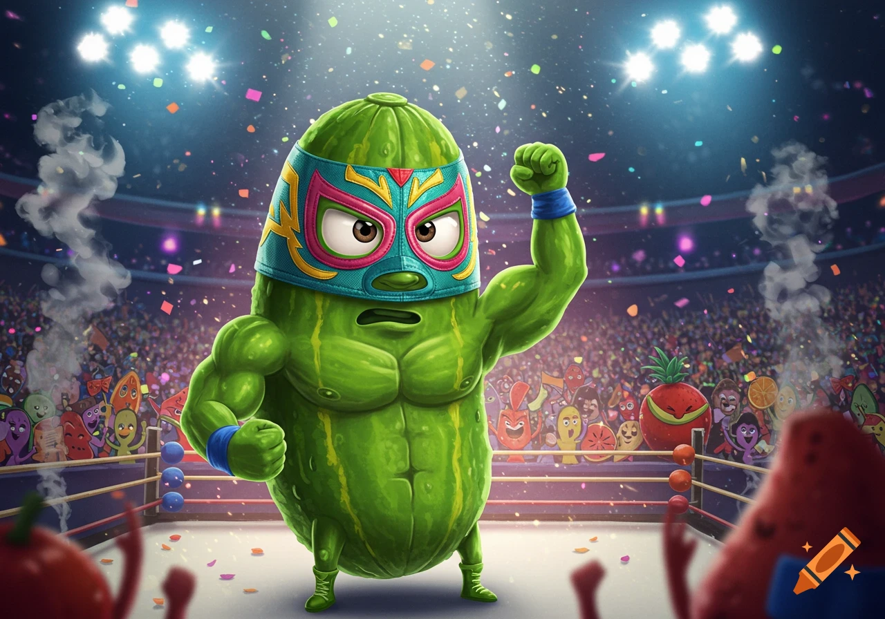 A strong cartoon pickle wrestler in a colorful mask flexes in a brightly lit ring before a cheering crowd of fruit and vegetable characters.