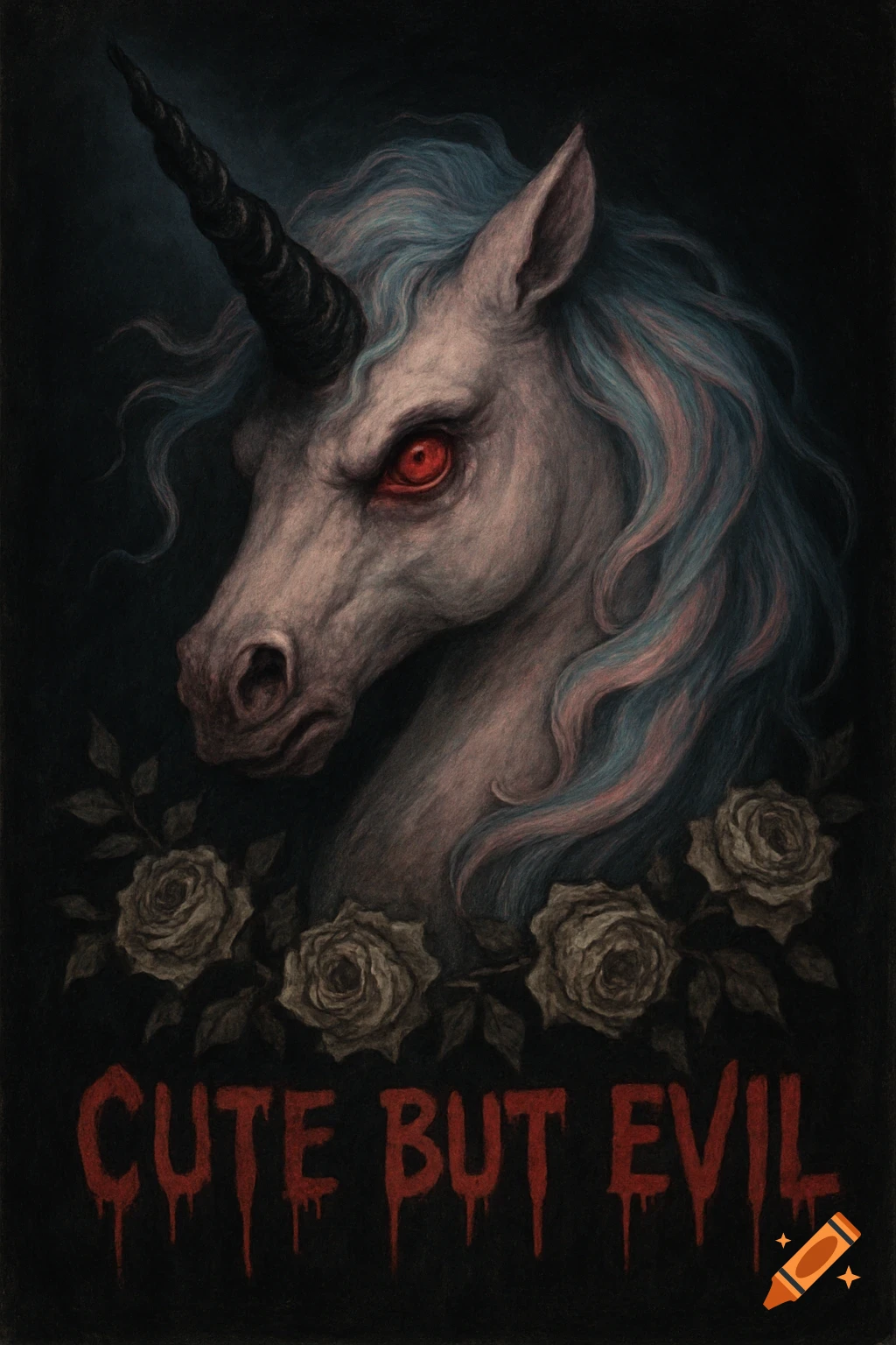 A gothic unicorn with red eyes, pink and blue mane, and a black horn, surrounded by dead roses. "Cute But Evil" text below.