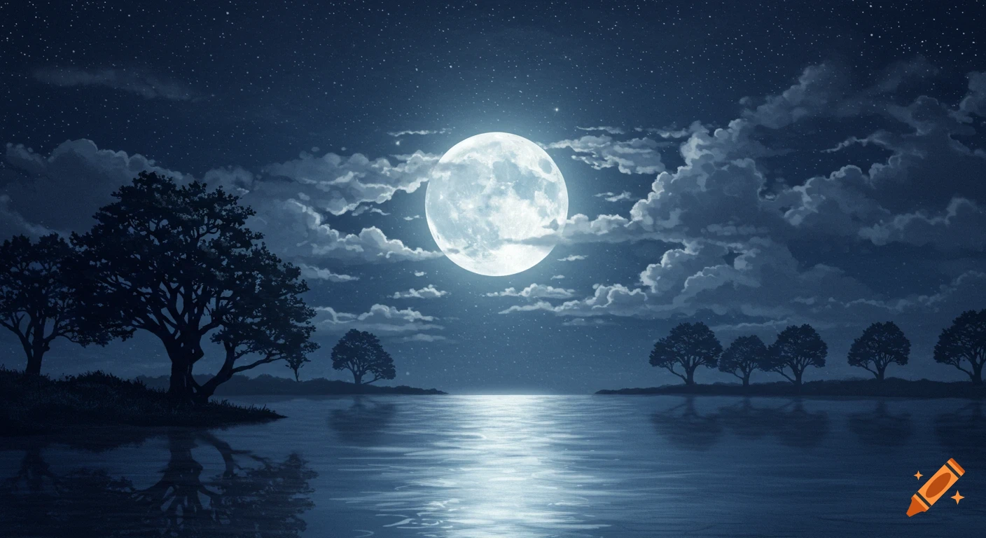 A luminous full moon shines over a tranquil lake, reflecting on the water, with silhouetted trees against a starry night sky.