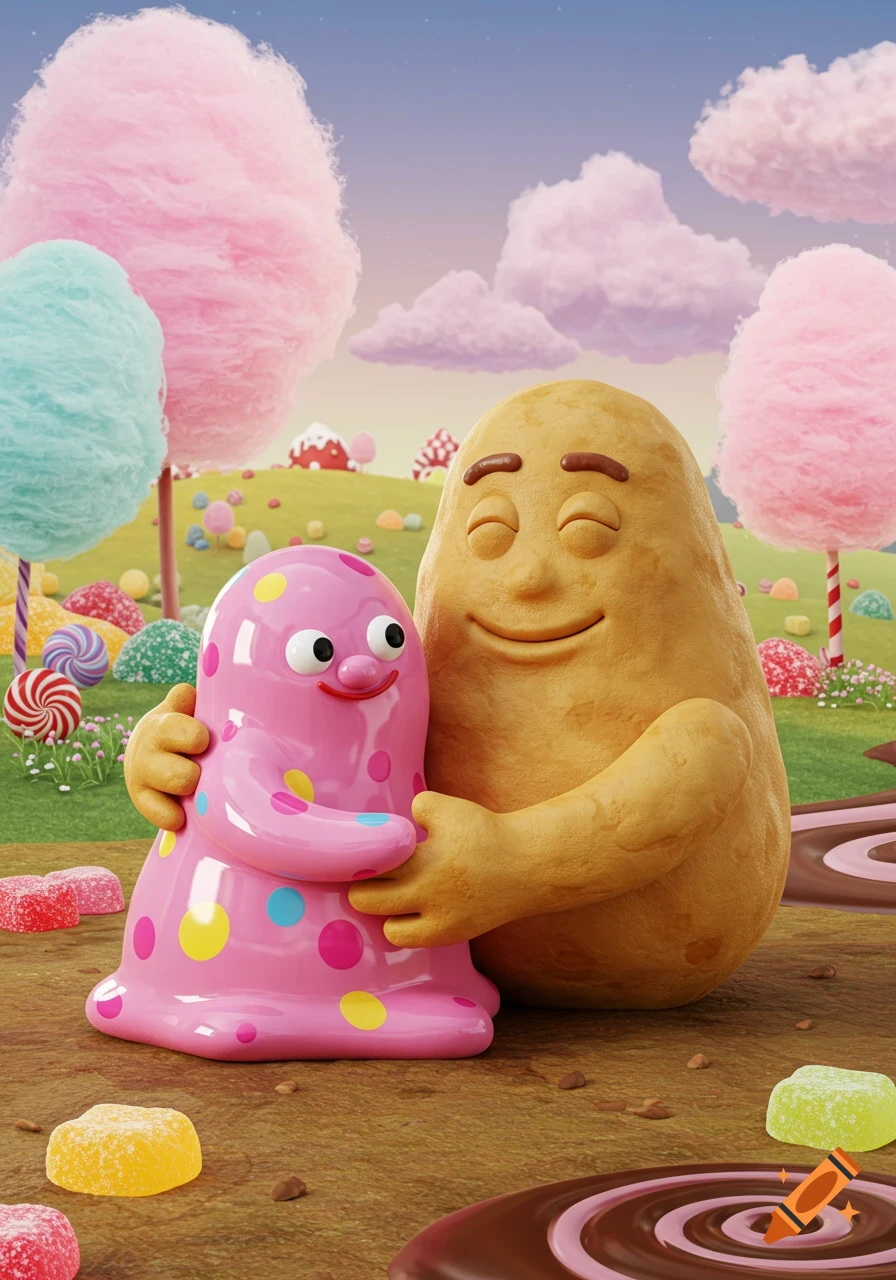 A potato-like man hugs a pink, polka-dotted Mr. Blobby in a vibrant candy land with cotton candy trees.