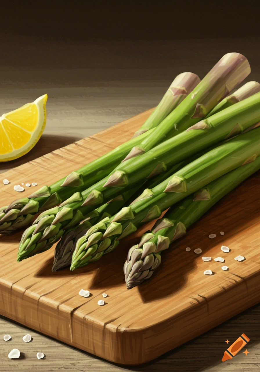 Fresh green asparagus stalks and a lemon wedge on a wooden cutting board with scattered salt, in a digital painting style.