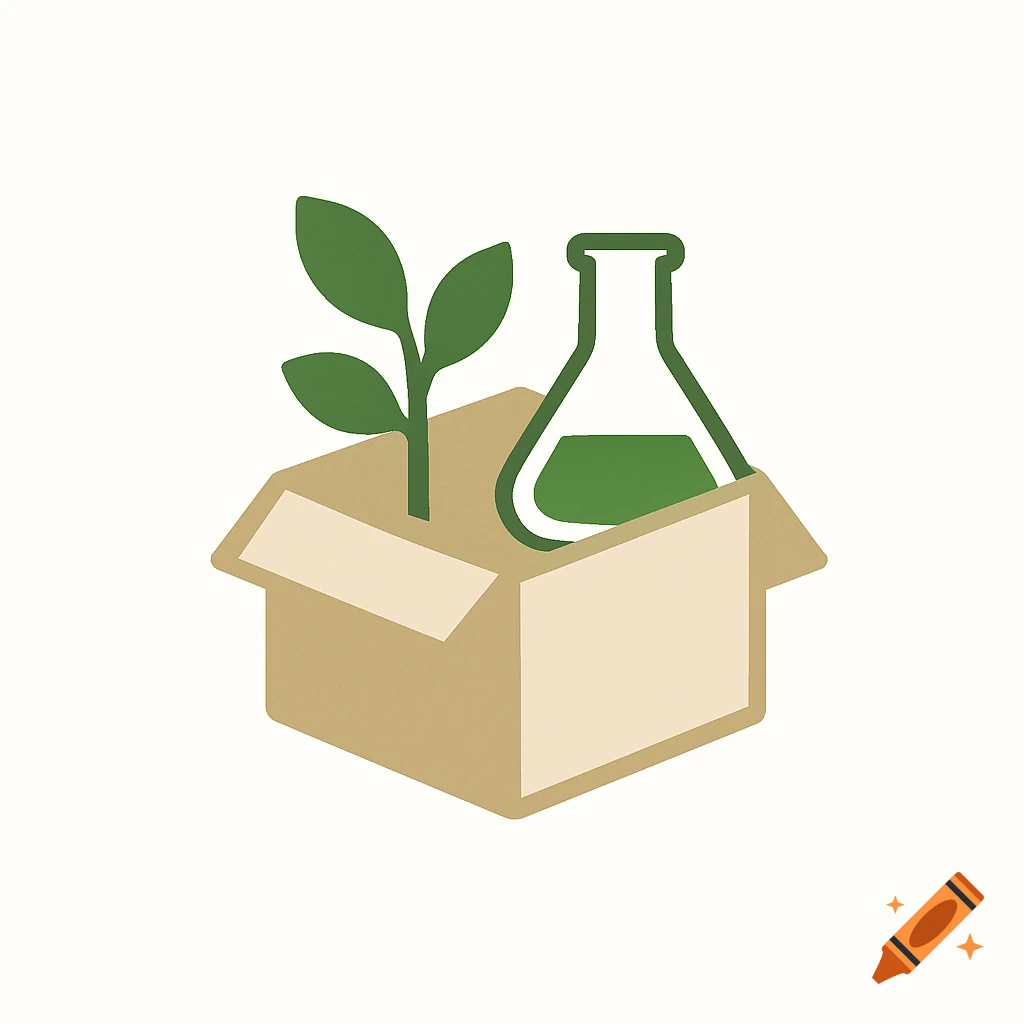 Minimalist logo of a green plant and a chemistry flask with green liquid inside a cardboard box on a white background.