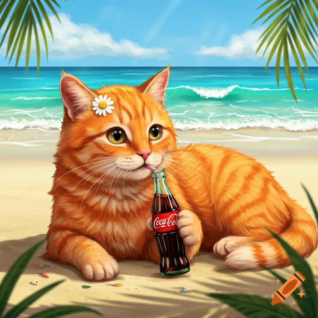 An illustrated orange cat with a daisy behind its ear sips a Coca-Cola from a bottle on a sunny beach.