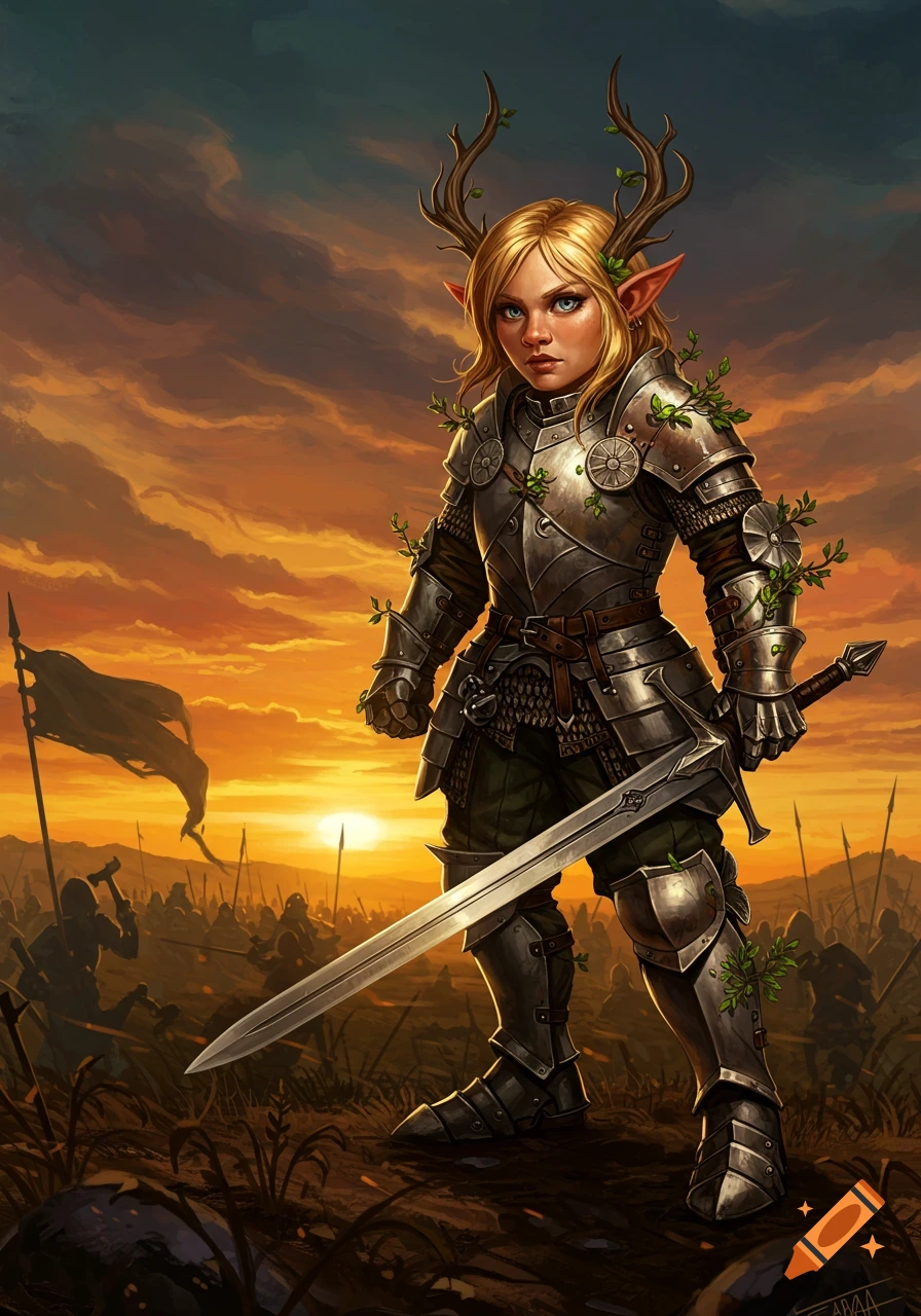 A female gnome druid warrior in steel armor with antlers, holding a sword on a battlefield at sunset.