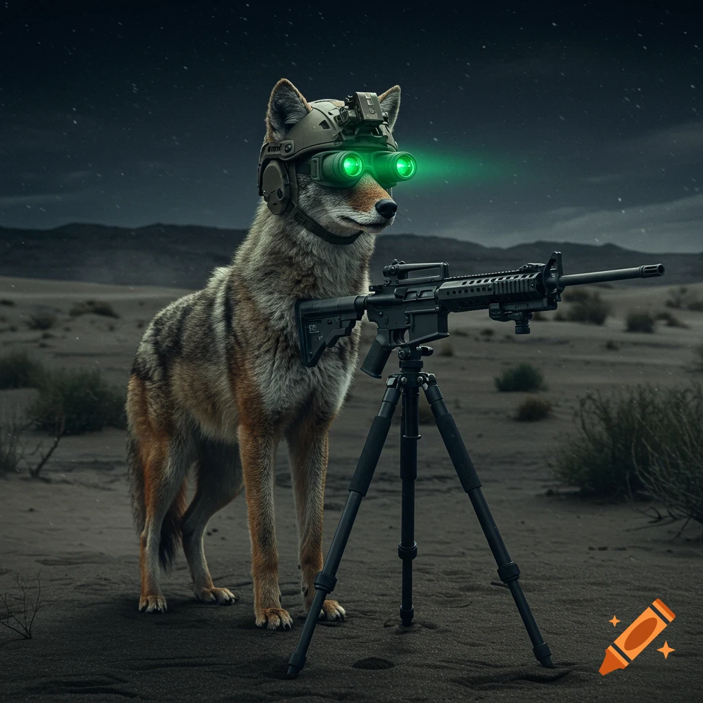CGI image of a tactical coyote standing in a desert at night, wearing night vision goggles and a helmet, next to an AR-15 rifle on a tripod.