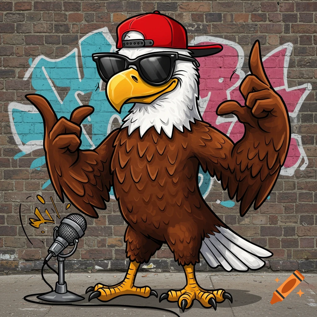 A cartoon bald eagle wearing black sunglasses and a backwards red baseball cap, dropping a microphone on a city sidewalk with graffiti on a brick wall behind him.