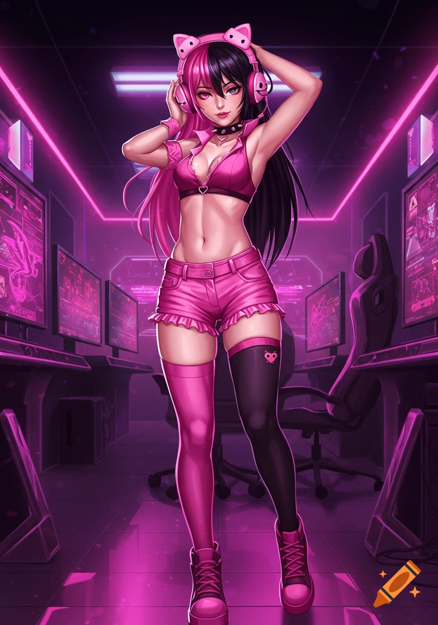 Anime gamer girl with pink and black hair, cat headphones, and a pink outfit in a neon-lit gaming room.
