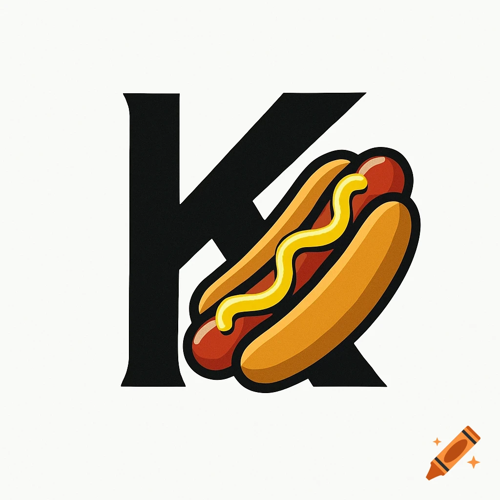 A logo featuring a bold black letter K with a hot dog and mustard intertwined.