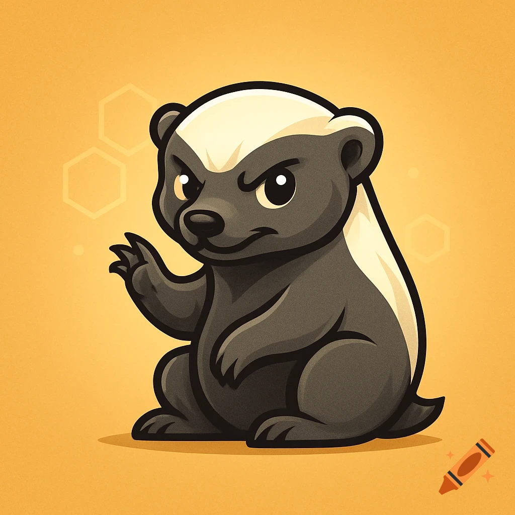 A cute, stylized honey badger with a mischievous expression, sitting with one paw raised on an orange background with faint hexagons.