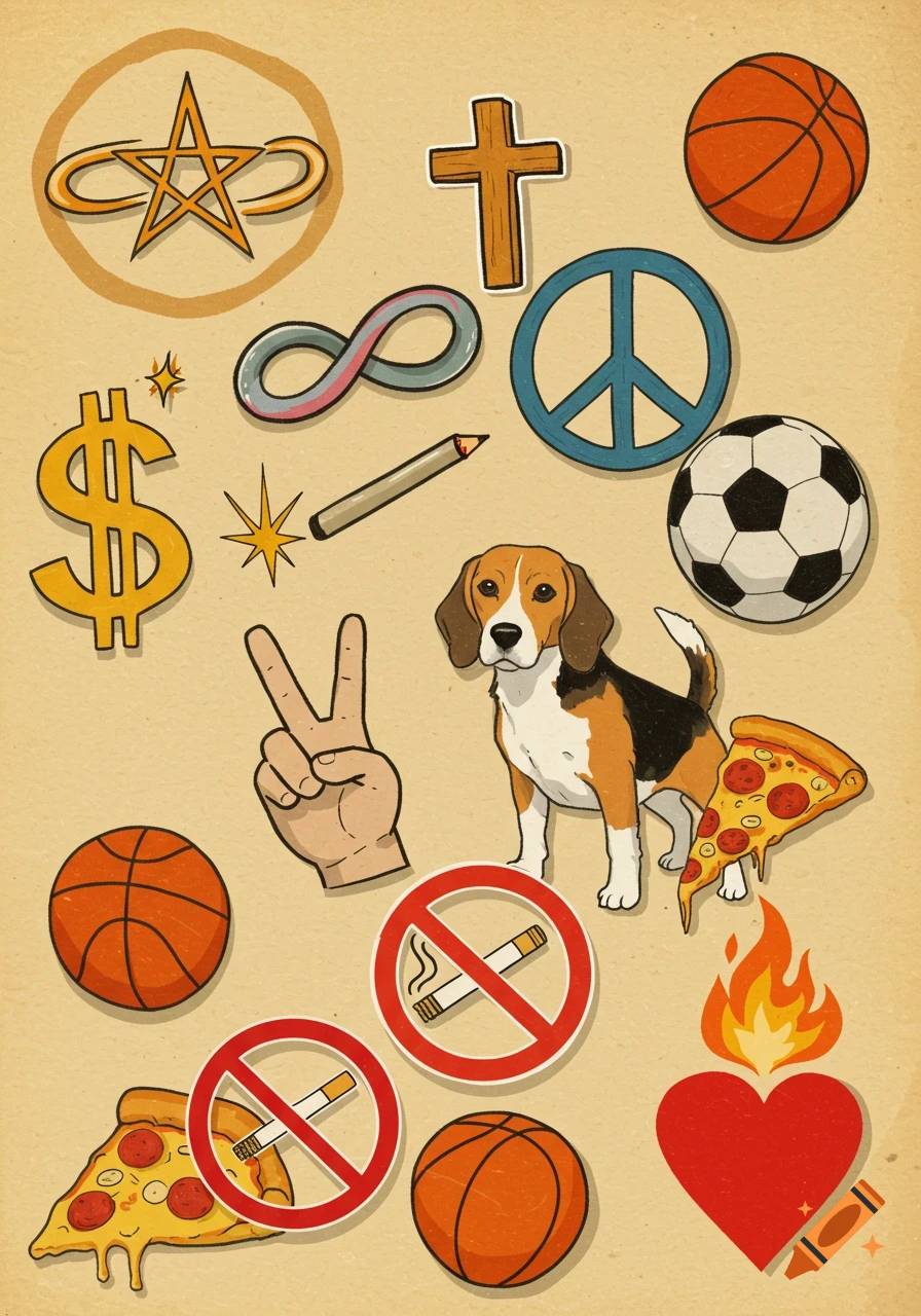 A collage of sticker-like illustrations on a textured background, featuring symbols like a peace sign, cross, dollar sign, infinity symbol, and a star-like symbol. Also present are a beagle, pizza slices, basketballs, a soccer ball, a heart with flames, and two no-smoking signs. All elements have a white outline.