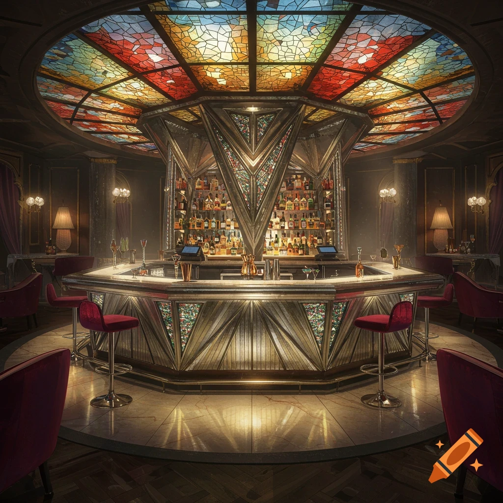 An elegant, opulent bar interior with a colorful stained glass ceiling and a well-stocked bar counter with red velvet stools.