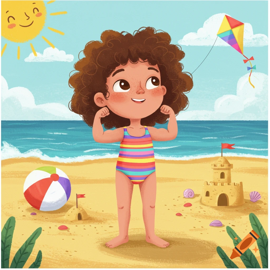 Cartoon illustration of a young girl with curly brown hair, wearing a rainbow swimsuit, flexing her muscles at a sunny beach with a sandcastle, beach ball, and kite.