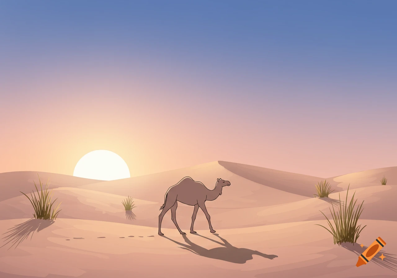Simple illustration of a camel walking across desert dunes at sunset.