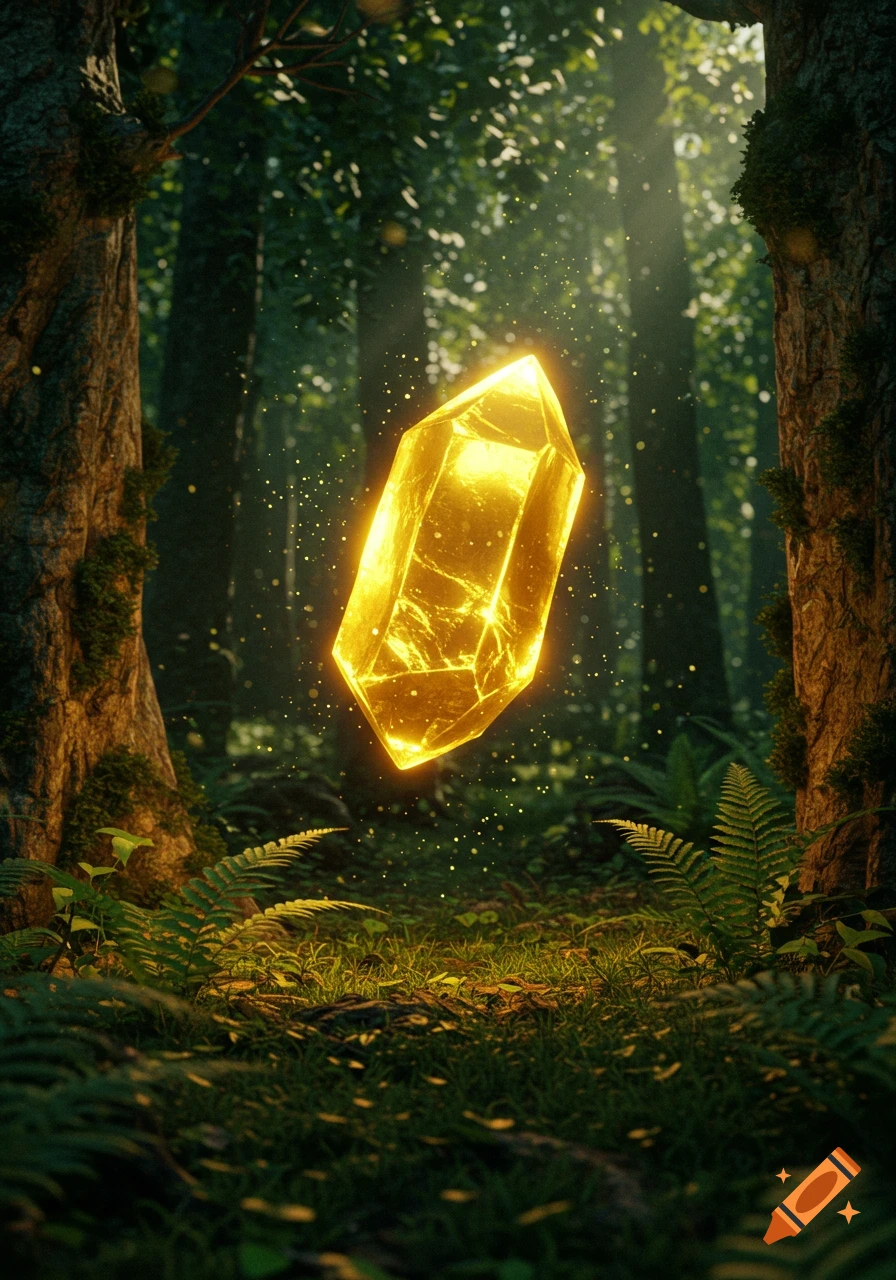 A luminous gold crystal floats in a dark, sun-dappled forest with lush ferns and trees.