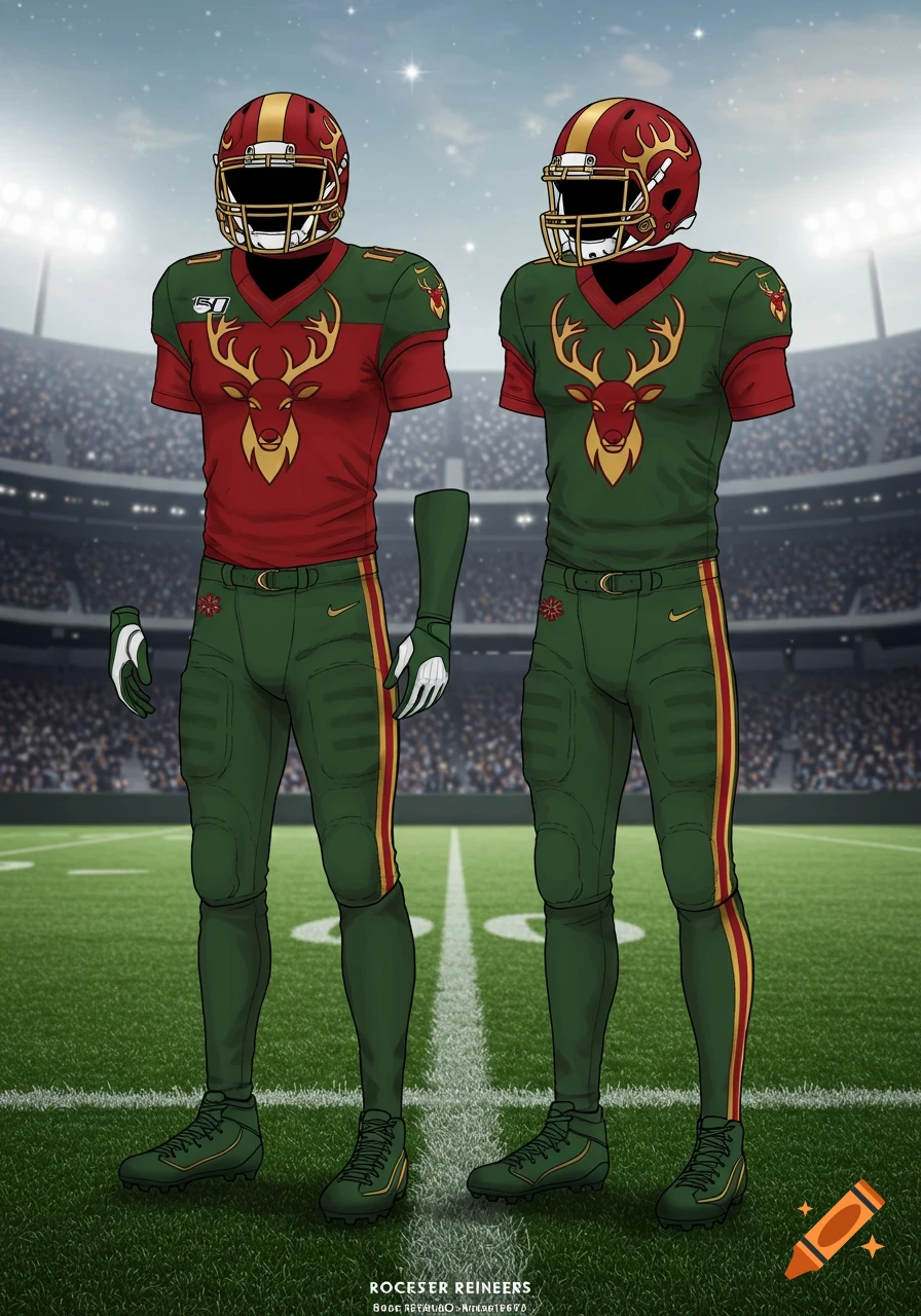 Illustrated football uniforms in red and green with deer logos and gold accents, displayed in a stadium.