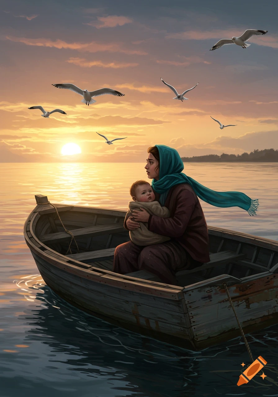 A woman with a baby sits in a wooden boat on the water at sunset, with seagulls flying overhead, in an illustrative style.