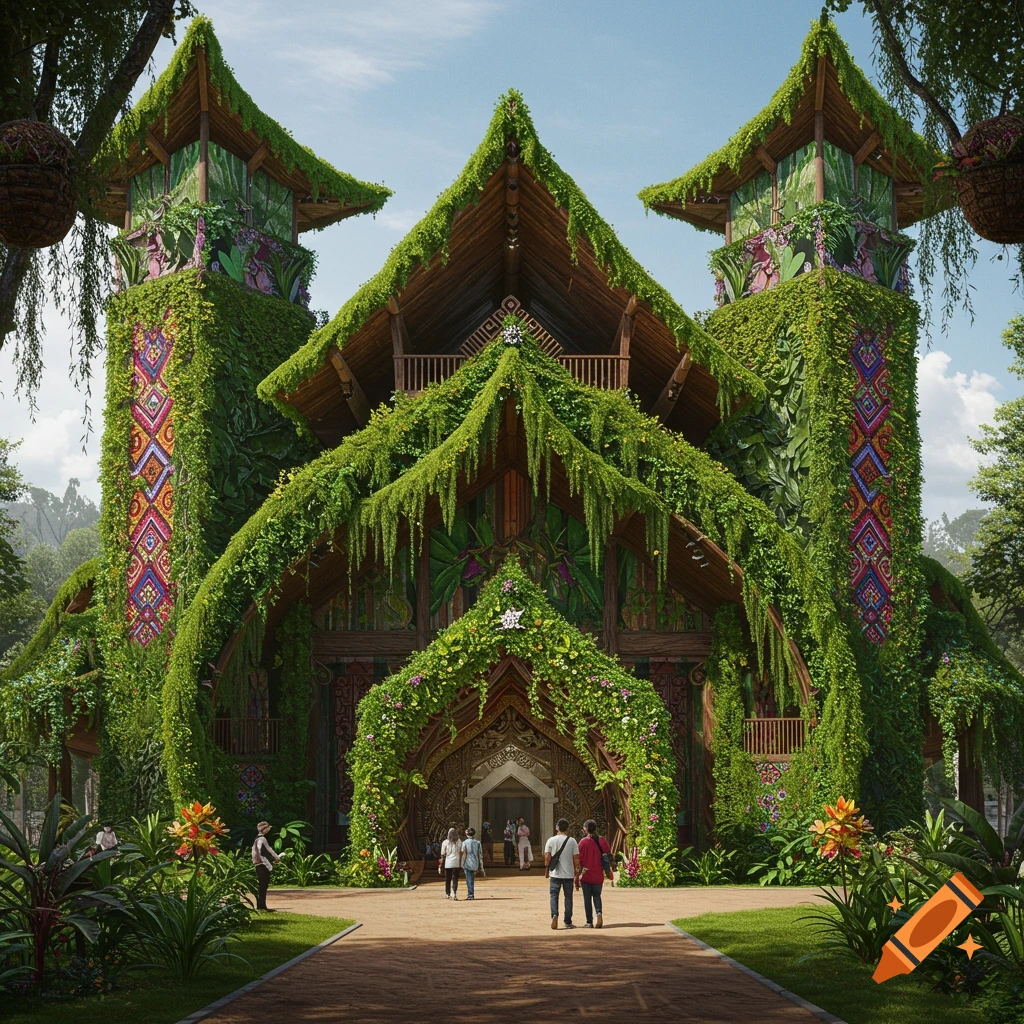 A grand, photorealistic building covered in lush green vines and colorful indigenous patterns, with a large arched entrance and people walking towards it in a jungle environment.