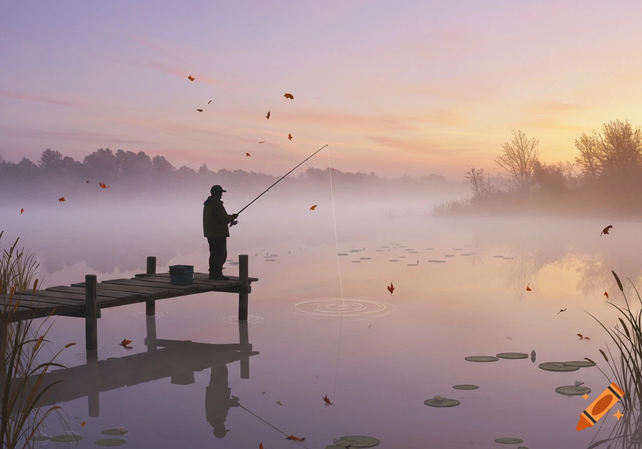 A lone fisherman stands on a wooden pier, casting his line into a misty lake at sunrise, with autumn leaves falling.