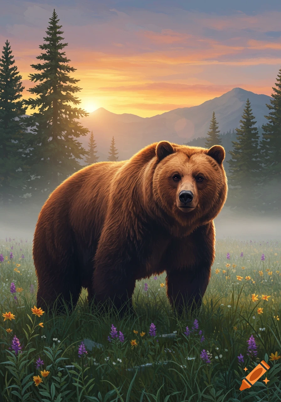 A brown bear stands in a misty meadow with wildflowers, pine trees, and mountains under a vibrant sunset sky.