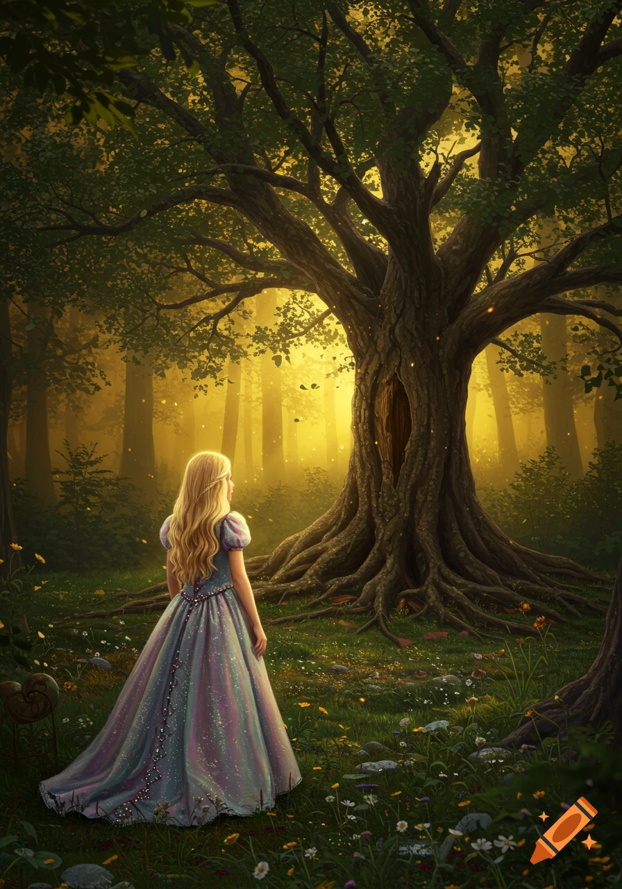 A blonde princess in a flowing gown looks back at a large, ancient tree glowing with light in a magical forest.