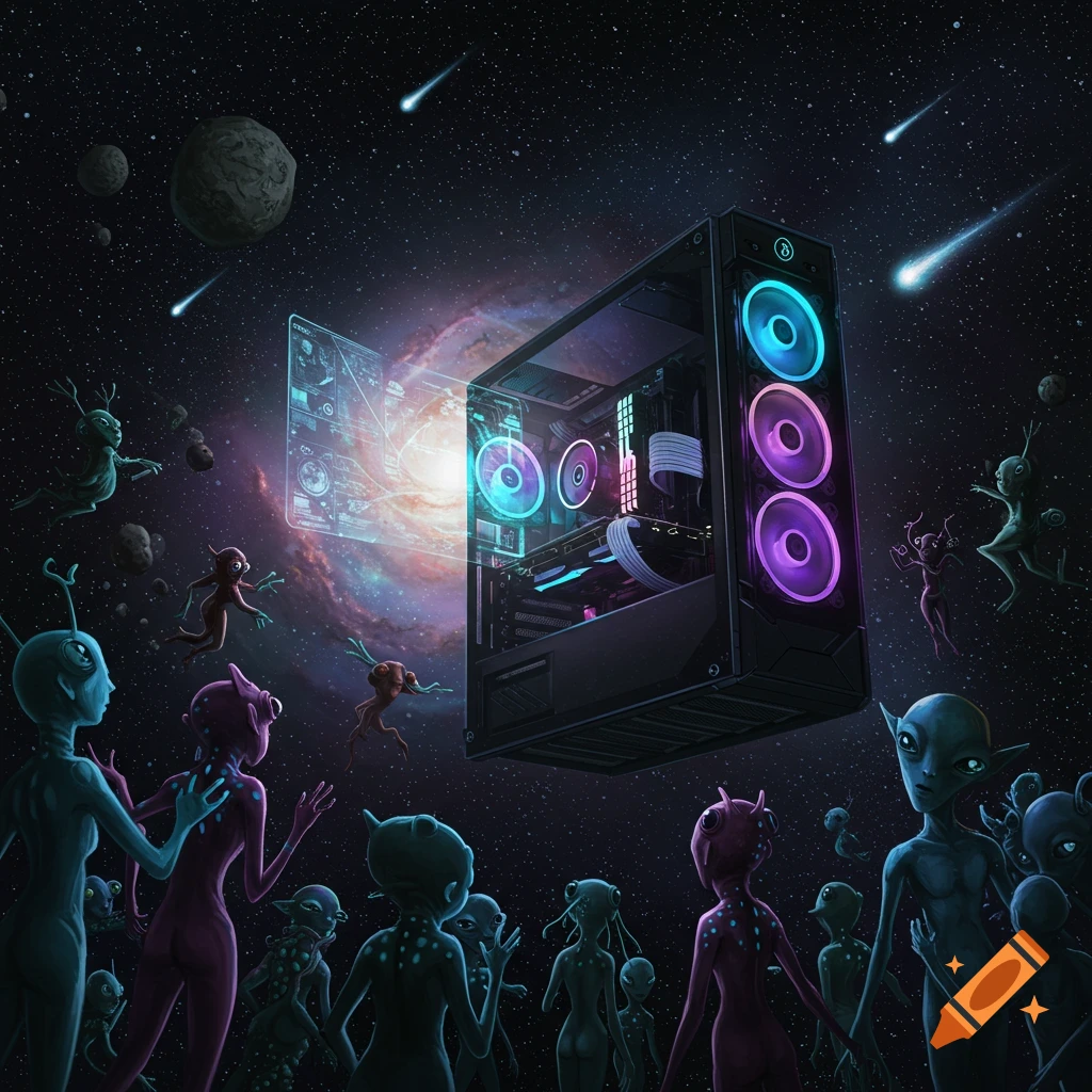 Aliens gaze at a glowing gaming PC floating in deep space with planets, meteors, and a galaxy.