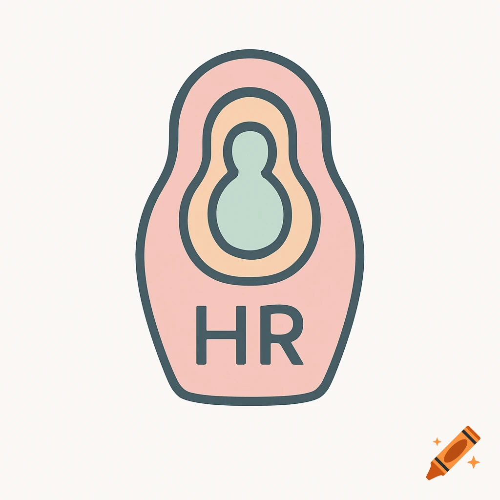 A modern flat design icon of a pink nesting doll labeled 'HR' protecting smaller inner dolls on a white background.