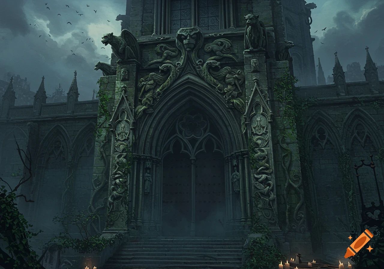 Ornate dark gothic stone portal overgrown with ivy, with gargoyles, under a cloudy sky. Candles illuminate the steps.