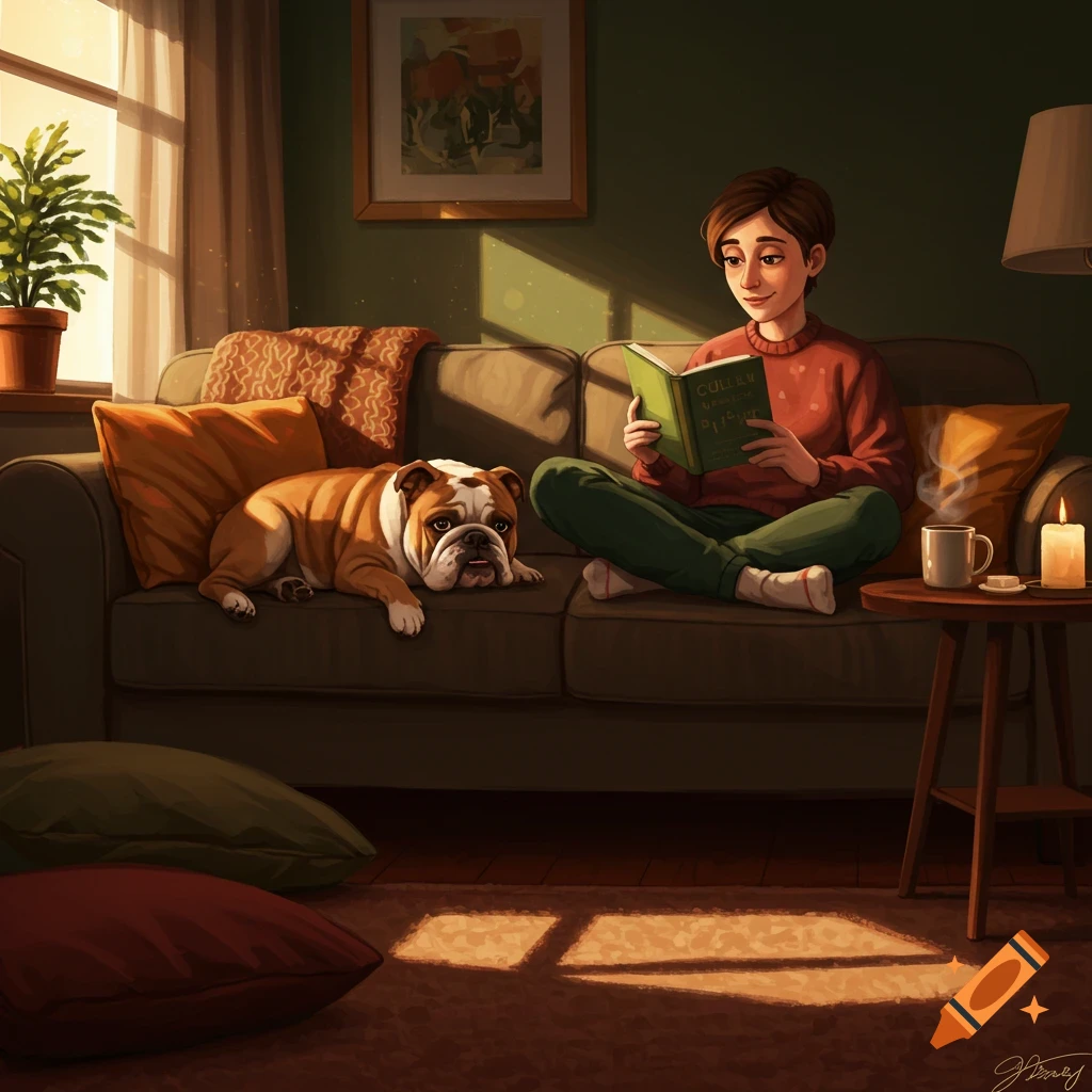 A person with short brown hair reads a green book, cross-legged on a couch next to a bulldog, in a warm, sunlit room.