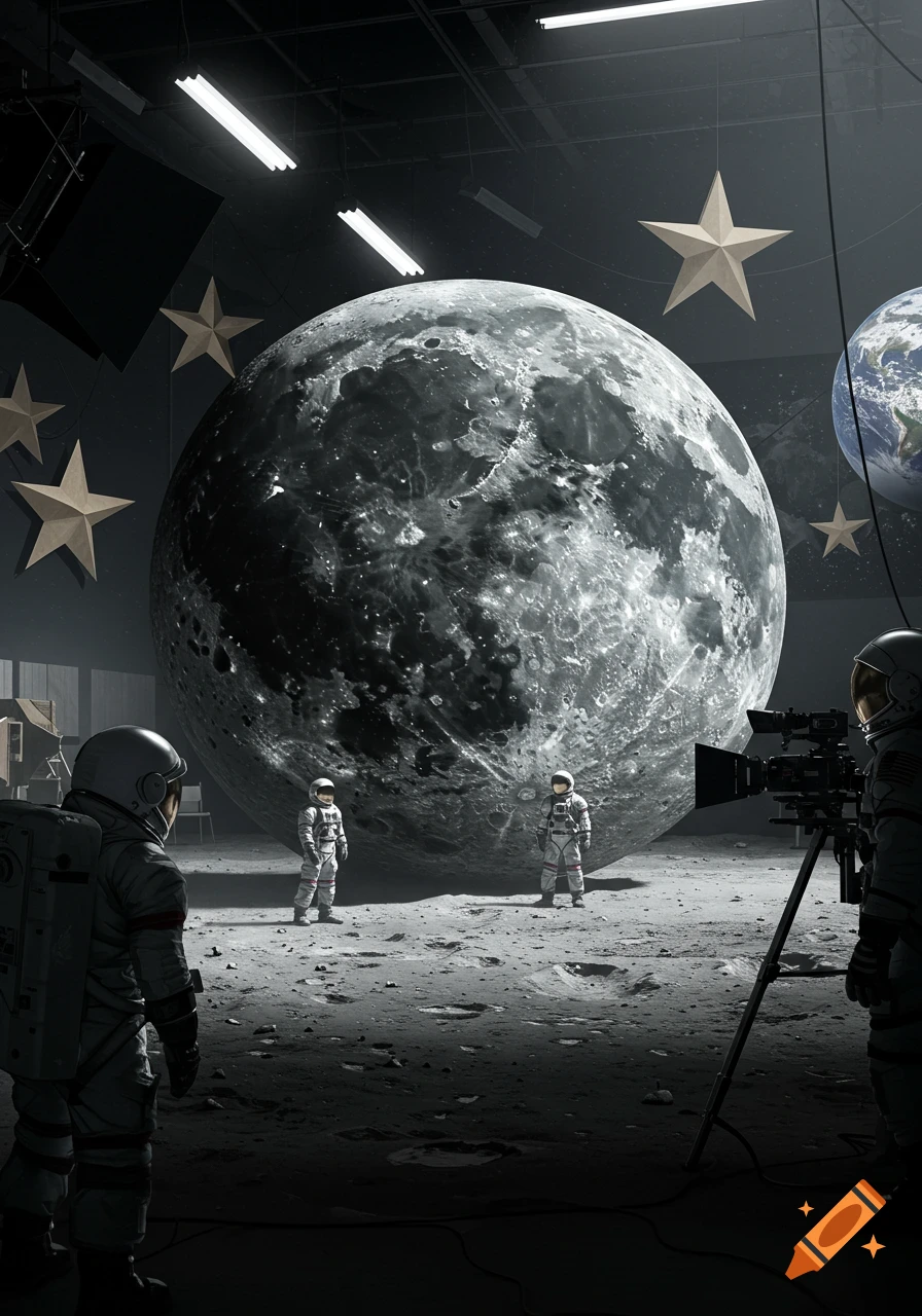 Astronauts on a dark film set, one filming two others standing before a giant moon prop and Earth, under studio lights and cardboard stars.