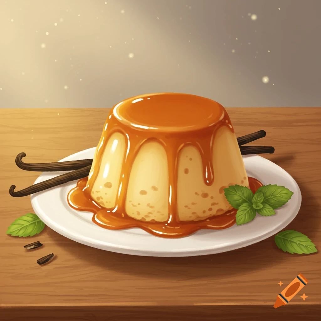 Stylized illustration of a caramel pudding covered in sauce, garnished with vanilla beans and mint leaves on a plate.