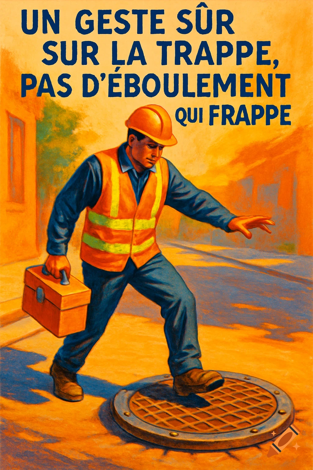 Digital painting of a safety poster showing a worker in an orange vest and hard hat stepping on a manhole cover. French text is present.
