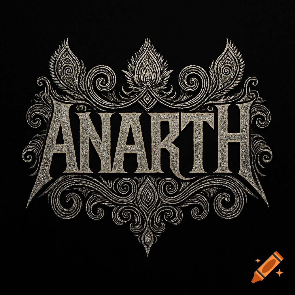 Ornate metal band logo with the word 'ANARTH' in a textured, stylized font, surrounded by intricate silver-gold filigree on a black background.