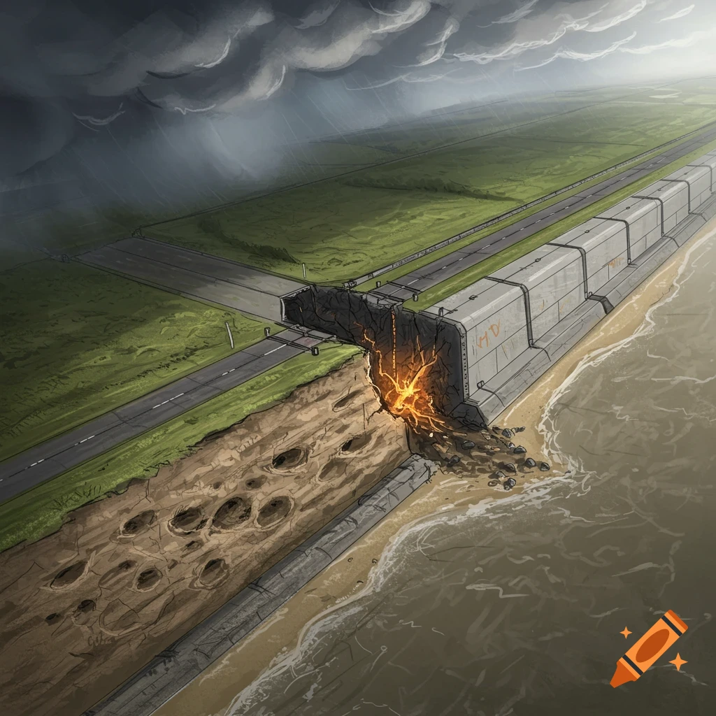 Detailed sketch of a modern concrete sea wall collapsing into a stormy sea, revealing an older dike with mouse tunnels and a lava-like substance flowing out.