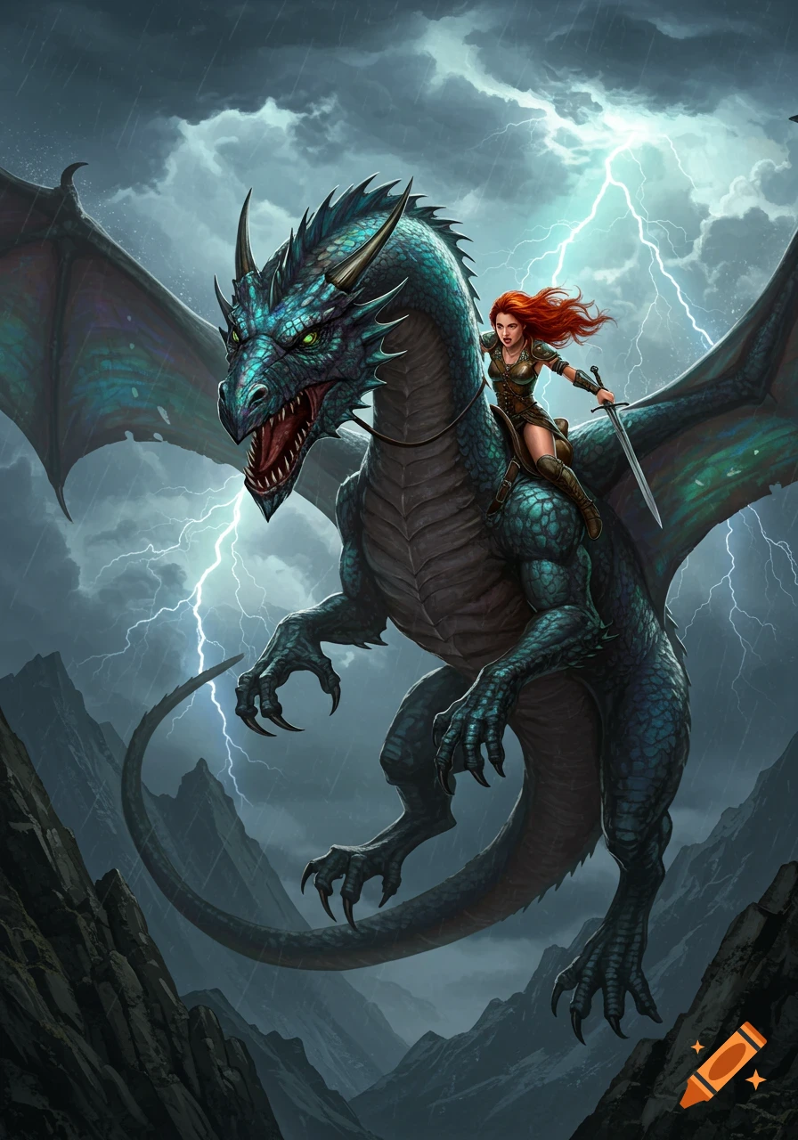 A red-haired warrior woman rides a majestic blue-green dragon through a stormy, lightning-filled mountain sky.