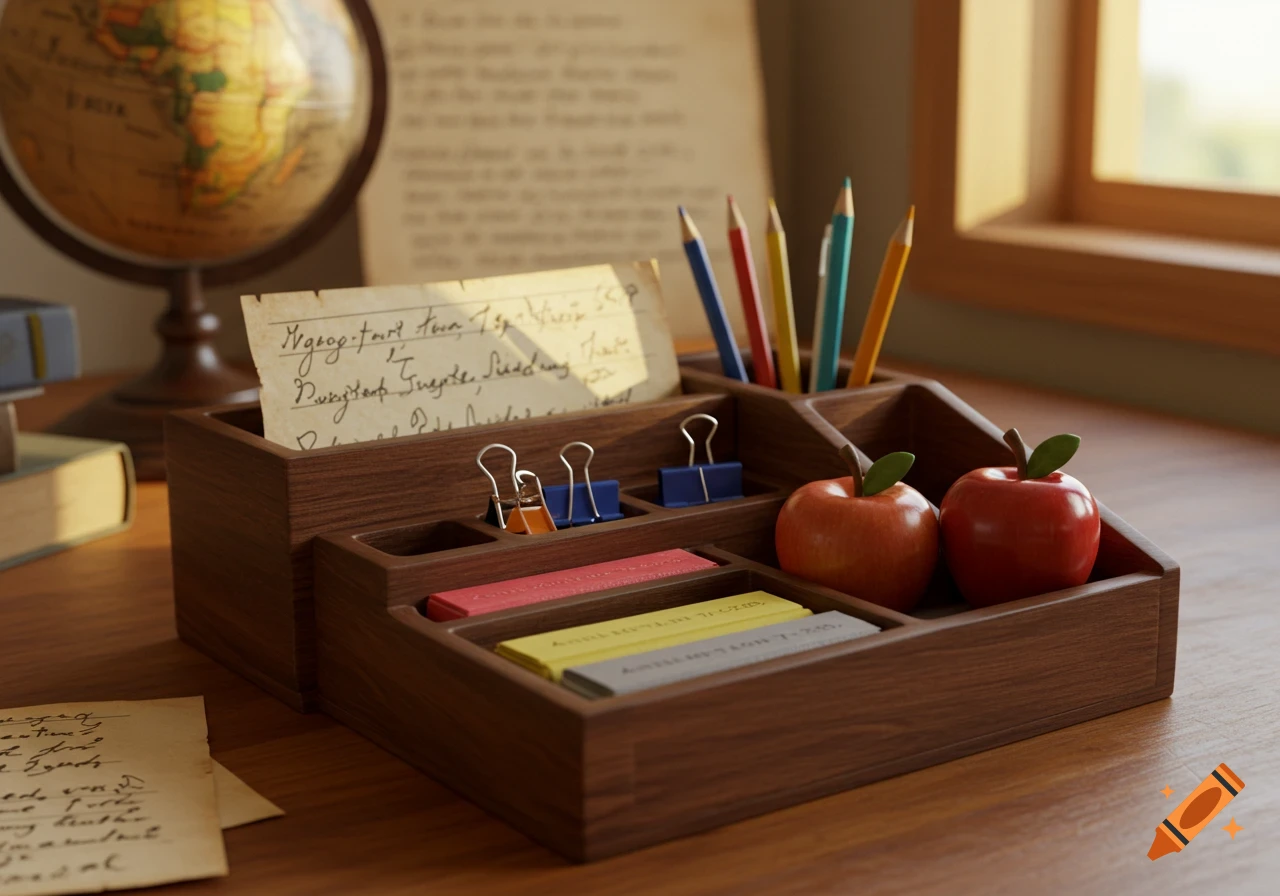A close-up, photorealistic shot of a wooden desk organizer filled with pencils, binder clips, sticky notes, and two red apples. A globe and books are in the background.